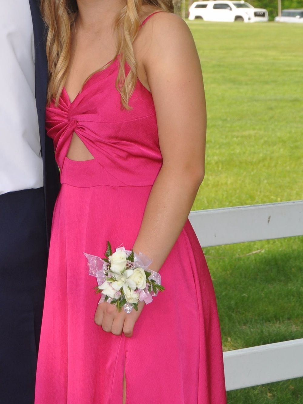 Hot Pink Prom Dress - twist front, side slit, adjustable straps